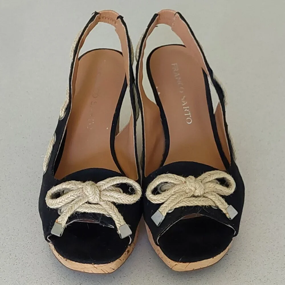 Franco Sarto Black and Cork Rope-Accent Wedge Sandals
